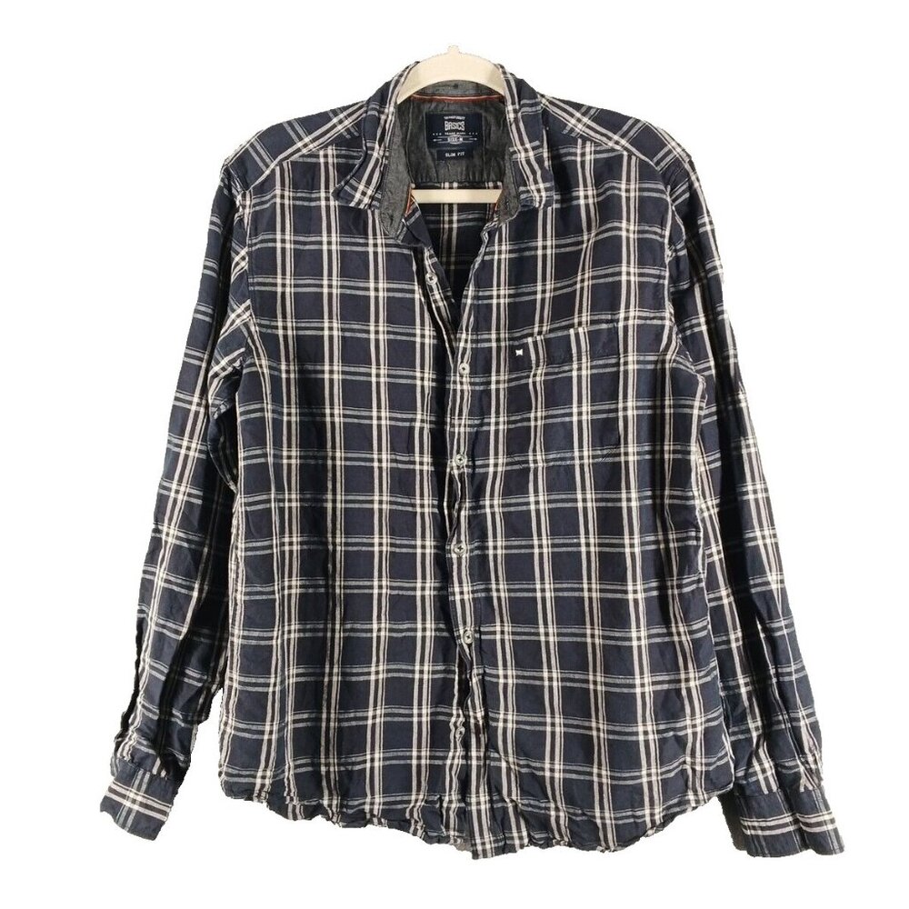 BASICS Men's Plaid Shirt (not flannel) Long Sleeve Navy Blue Size M Slim Fit